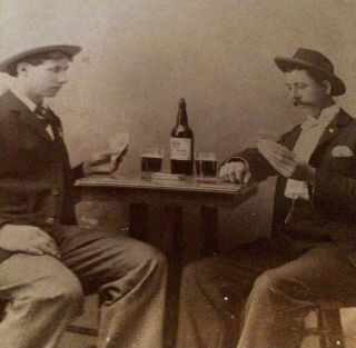 Antique Cabinet Card 2 Ramblin’ Gamblers W/ Cards (poker?),  Libations (whiskey?}