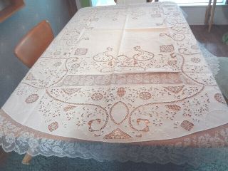 Spectacular Early Vintage Italian Linen Filet Lace & Reticella Tablecloth