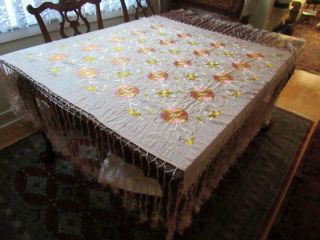 Antique Chinese Hand Embroidered Silk Piano Shawl Pink Floral Vintage Fair Cond.
