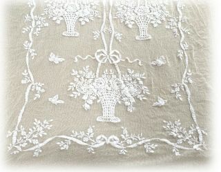 Rare Antique Coverlet Hand - Embroidery On Net With Handmade Lace Trim Gorgeous