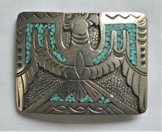 Vintage J.  Nezzie Sterling Silver And Turquoise Inlay Belt Buckle Navajo
