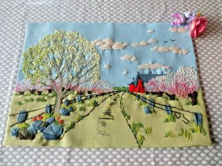 Vintage Hand Embroidered Picture Panel - Crewel Work - Country Scene&blossom Trees