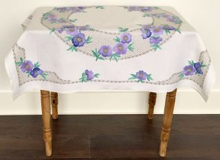 Vintage Hand Embroidered Linen Tablecloth Garden Flowers & Trellis
