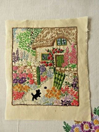 Vintage Hand Embroidered Picture Panel - Charming Country Cottage & Gardens