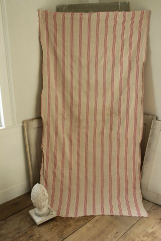 Ticking Fabric Antique French red stripe woven RUSTIC PRIMITIVE linen flax c1850 3