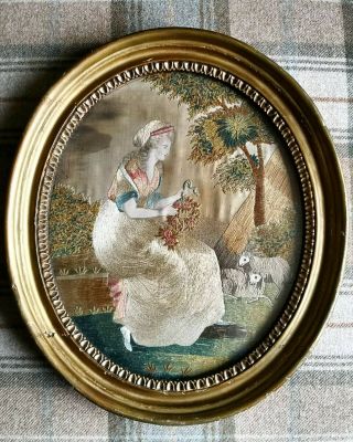 Georgian Framed Silk Work Embroidery Of A Girl And Sheep C1790 Oval Gilt Frame