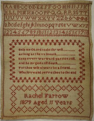 Mid/late 19th Century Red Stitch Work Sampler By Rachel Farrow Aged 11 - 1879
