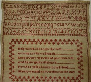 MID/LATE 19TH CENTURY RED STITCH WORK SAMPLER BY RACHEL FARROW AGED 11 - 1879 2