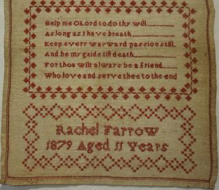MID/LATE 19TH CENTURY RED STITCH WORK SAMPLER BY RACHEL FARROW AGED 11 - 1879 3