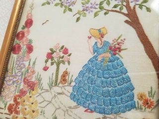Pretty Vintage Art Deco Framed Hand Embroidered Crinoline Lady & Flowers Picture