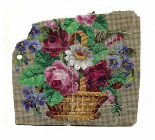 Antique Berlin Woolwork Hand Painted Chart Pattern Basket Of Flowers