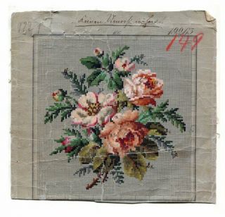 Antique Berlin Woolwork Hand Painted Chart Pattern Roses Pink