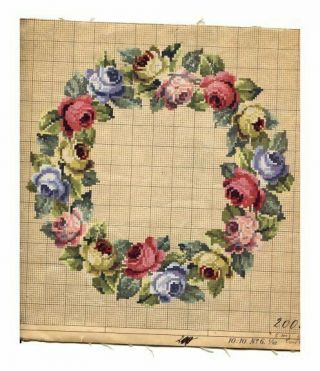 Antique Berlin Woolwork Hand Painted Chart Pattern Large Roses Wreath