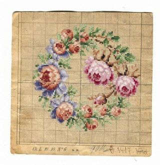 Antique Berlin Woolwork Hand Painted Chart Pattern Roses Wreath Round