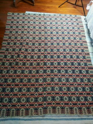Vintage Antique Overshot Woven Wool Coverlet Blue,  Red,  Cream Reversible 79 " X63 "