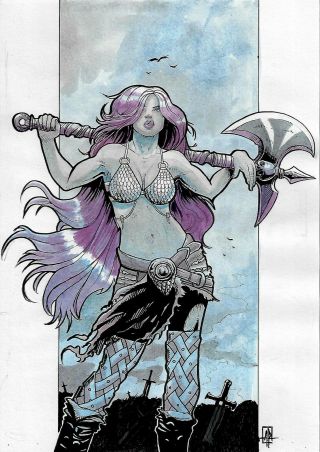 Red Sonja (09 " X12 ") And Unique 1/1 Comic Art By Adam Ramos