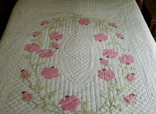 Gorgeous Vintage Cottage Pink White Applique Rose Quilt 86x76,  Expertly Quilted