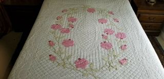 Gorgeous Vintage Cottage Pink White Applique Rose QUILT 86x76,  Expertly Quilted 2
