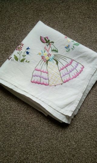 Large Vintage Hand Embroidered Tablecloth In Irish Linen - Crinoline Lady.