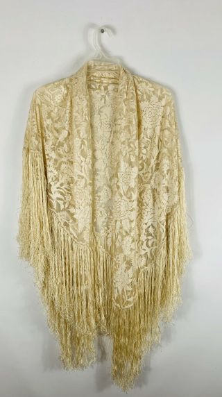 Antique Victorian Piano Scarf Shawl Ivory Silk Floral Embroidery Fringe Tassels