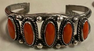 Vintage Navajo Sterling Silver Coral Cuff Bracelet Old Pawn Signed 48 Grams