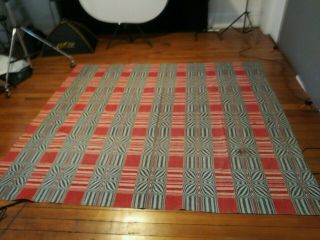 Vintage Antique Overshot Woven Wool Coverlet Blue,  Red,  Cream 103 " X92 "