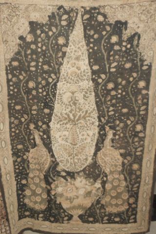 Antique Vtg Blocked Kalamkari Tree of Life Peacock Cotton Fabric Panel Black 3