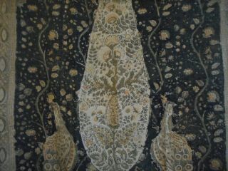 Antique Vtg Blocked Kalamkari Tree of Life Peacock Cotton Fabric Panel Black 4
