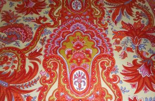 Vintage Stylized Floral Paisley Chintz Cotton Fabric Red Mustard Yellow