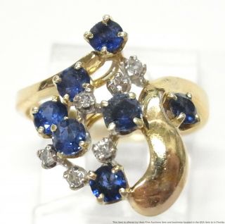 1ctw Fine Blue Natural Sapphire Diamond 14k Gold Ring Vintage Freeform Cluster