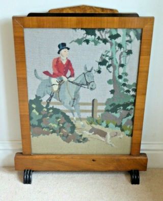 Attractive Walnut Art Deco Firescreen On Oak Base With Horse & Rider Embroidery