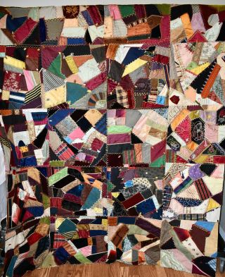 Antique 1890s Crazy Quilt Top 68 " X 82 " Velvet Rayon Silk Embroidery