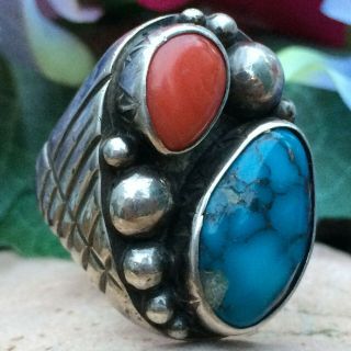 Gorgeous Large Old Pawn Vintage Navajo Sterling Web Turquoise Coral Ring Sz 10