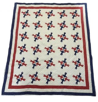 Antique 1880’s Red,  White,  And Navy Blue Quilt