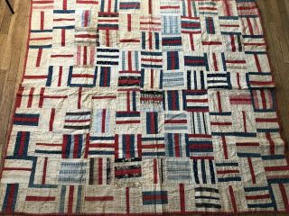 Antique Quilt Striped Block Pattern Red Indigo Blue Pretty Vintage Fabrics 64x74