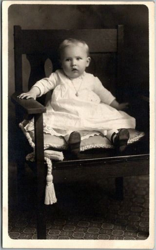 Vintage Rppc Real Photo Postcard Little Girl Baby On Chair C1910s
