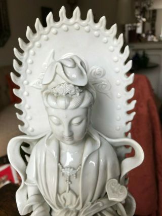 A Chinese Dehua blanc de chine figure of goddess with aura on lotus flower, 2