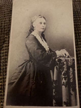 Victorian Cdv Photo Woman With Hair Down,  Earrings,  Leafy Tablecloth - C.  1860s