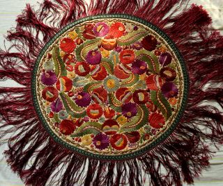 Antique Silk Hand Embroidered Unique Matyo Round Embroidery Tablecloth 76cm