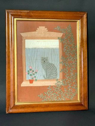 Charming Antique Framed Needlework Embroidery Picture Of A Cat Folk Art