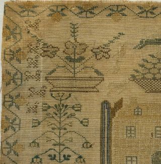EARLY/MID 19TH CENTURY HOUSE & MOTIF SAMPLER BY SARAH E DIXON AGED 11 - 1843 4