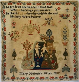 Early/mid 19th Century Adam & Eve,  Motif & Verse Sampler By Mary Metcalfe - 1839