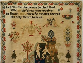 EARLY/MID 19TH CENTURY ADAM & EVE,  MOTIF & VERSE SAMPLER BY MARY METCALFE - 1839 2