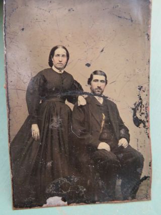 Antique Tintype Photos Tin Plate Picture - Couple Woman In Puffy Sleeves - Beard
