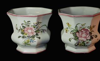 Pair Vintage Moustiers Faience French Hand Painted Flower Bouquet Cache Pot