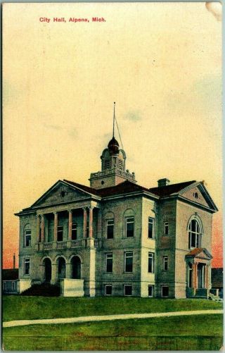 Vintage Alpena.  Michigan Postcard " City Hall " Building View C1910s