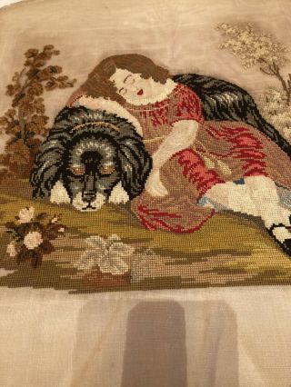 Gorgeous Antique Victorian Needlepoint Girl With Dog