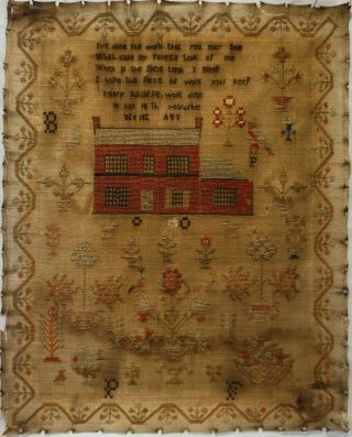Early 19th Century Red House,  Motif & Verse Sampler By Mary Sutcliffe - 182