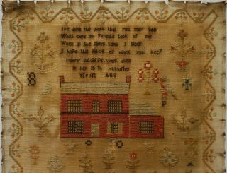 EARLY 19TH CENTURY RED HOUSE,  MOTIF & VERSE SAMPLER BY MARY SUTCLIFFE - 182 2