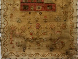 EARLY 19TH CENTURY RED HOUSE,  MOTIF & VERSE SAMPLER BY MARY SUTCLIFFE - 182 3